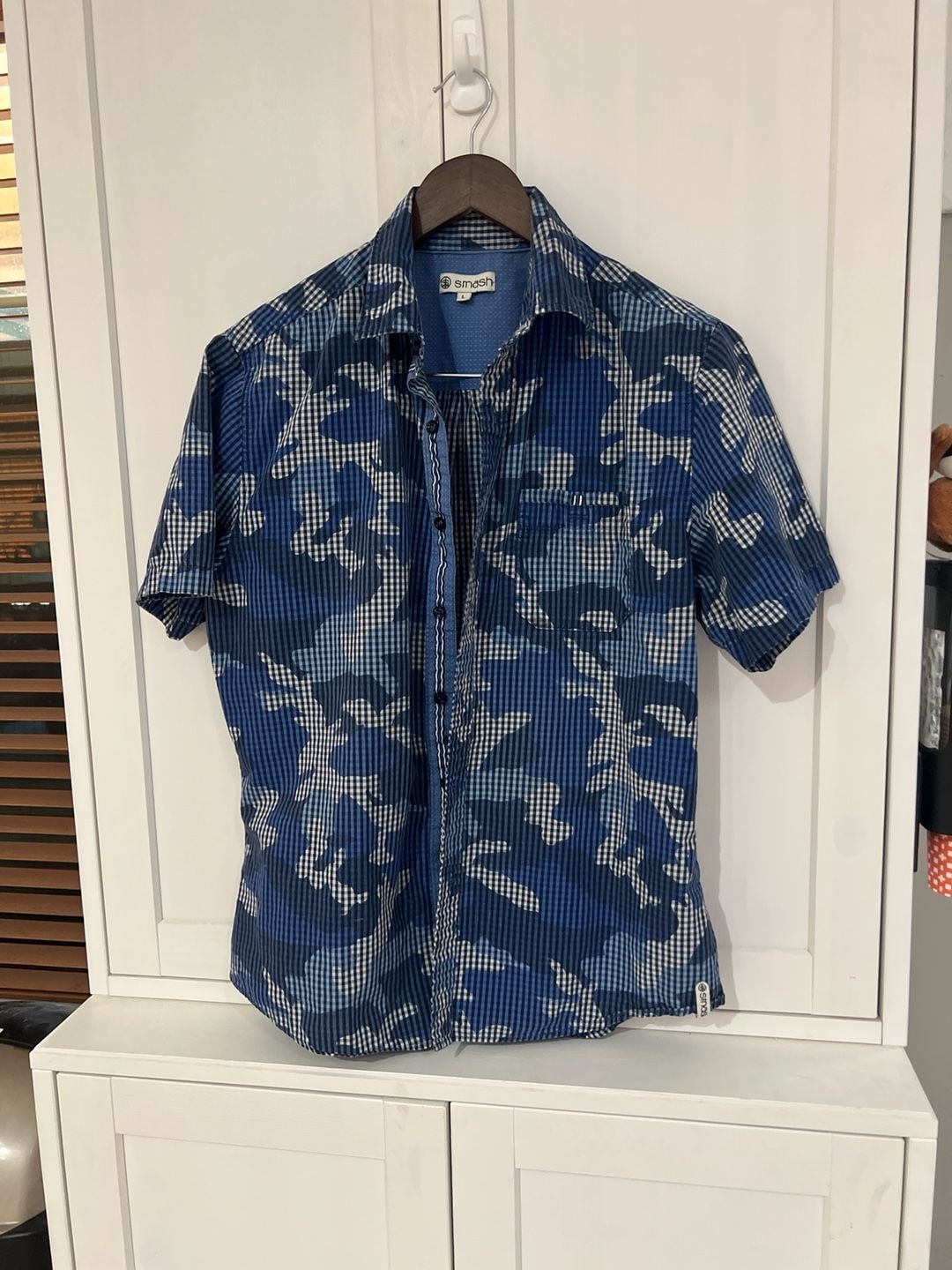Smash Mens Blue Gingham Check Camo Filter Short Sleeve Button Down Shirt Size L